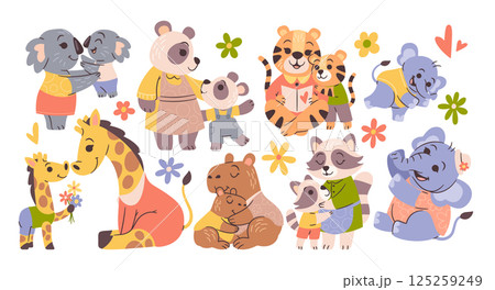 Mothers day hand drawn set with funny cute mom and baby animals in clothes sharing hugs together Mothers day hand drawn set with funny cute mom and baby animals in clothes sharing hugs together 125259249