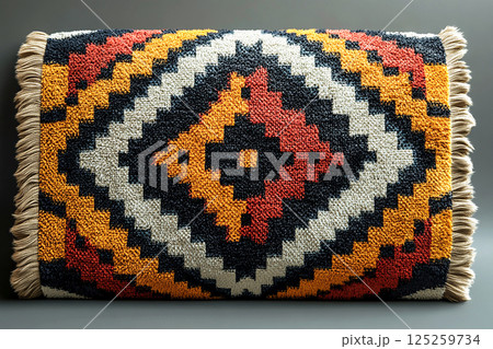 Beach towel with bold geometric patterns in summer beach. Retro style. Close-up. 125259734