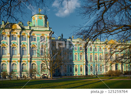 The State Hermitage at sunset, a museum of art and culture in Saint Petersburg, Russia, One of the largest and oldest museums in the world, it was founded in 1764 by Catherine the Great 125259764