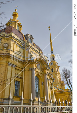 the Peter and Paul Fortress spire at sunset 125259768