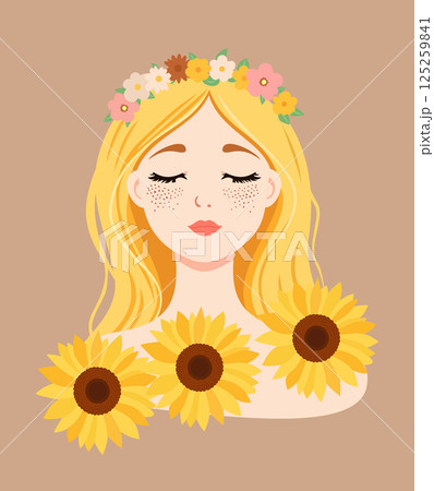 Freckled girl in floral wreath among sunflowers. Vector summer illustration 125259841