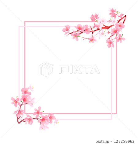 Digital spring frame with pink flowers and sakura petals. 125259962