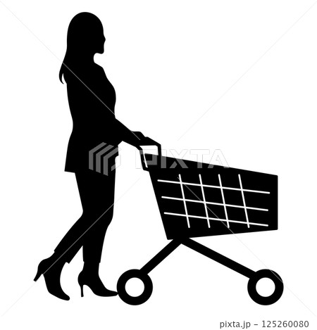 ショッピングカートを押す女性のシルエットイラスト 125260080
