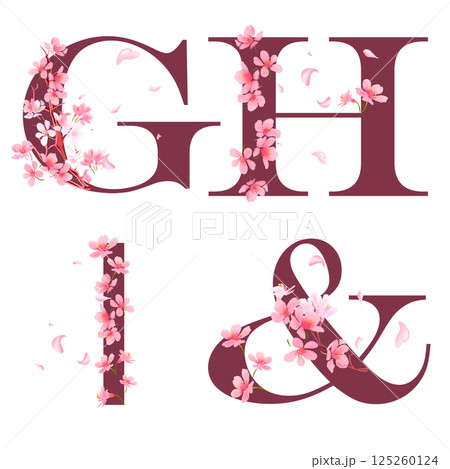 Cherry blossom flower alphabet with pink petals and sakura flowers for printing, cards, posters Cherry blossom flower alphabet with pink petals and sakura flowers for printing, cards, posters 125260124