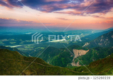 Alpine mountains - view from Golica peak in Karavanke range, Slovenia, at sunrise Alpine mountains - view from Golica peak in Karavanke range, Slovenia, at sunrise 125260159