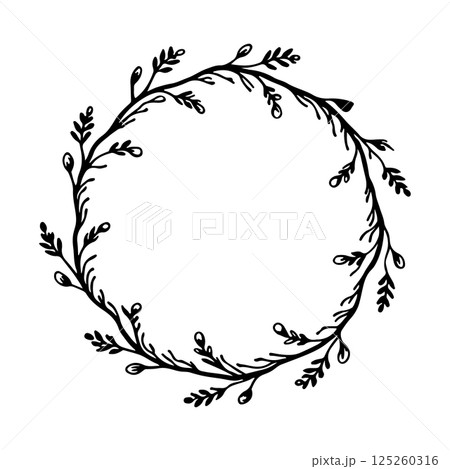 Hand painted wreath made from natural leafy branches. Perfect for wedding stationery, nature themed branding, invitations and seasonal projects. 125260316