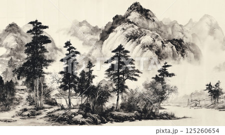 霧に包まれた山村と川辺の静景を描いた水墨画 霧に包まれた山村と川辺の静景を描いた水墨画 125260654