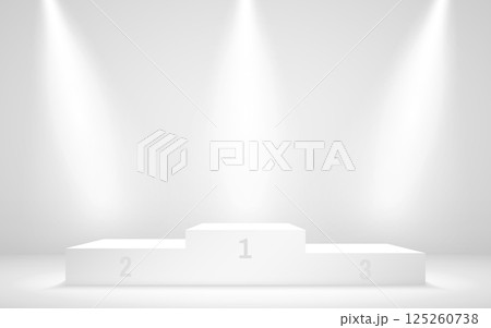 Podium winner. White stage with spotlights on light background. Design template for award, ranking or competition. Empty ceremony platform for celebration. Vector illustration 125260738
