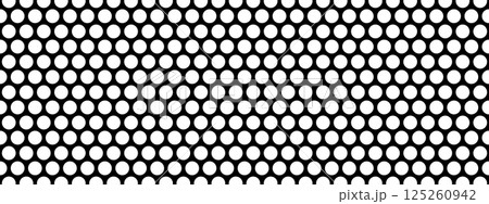 Repeated round holes. White circles on black background. Pegboard, radiator or speaker grill surface. Mosaic holey print. Perforated metal or plastic texture. Vector graphic illustration 125260942