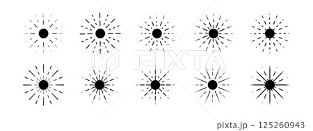 Sunburst icons. Set of sun rays symbols isolated on white background. Solar energy signs. Sunbeam, sunlight or sunshine pictograms. Decorative design elements. Vector graphic illustration 125260943