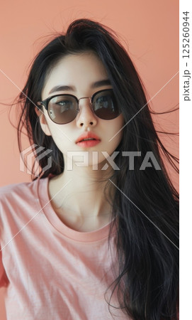 Beauty young Asian female black long hair wearing t shirt sunglasses 125260944