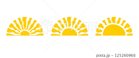 Set of groovy setting or rising sun silhouettes isolated on background. Sunrise or sunset signs. Summer theme symbols. Modern psychedelic print. Happy positive vibes concept. Vector flat illustration 125260968