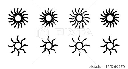 Set of sun icons. Sunbeam symbols isolated on white background. Solar energy signs. Sunlight or sunshine shapes. Decorative design elements. Vector graphic illustration 125260970