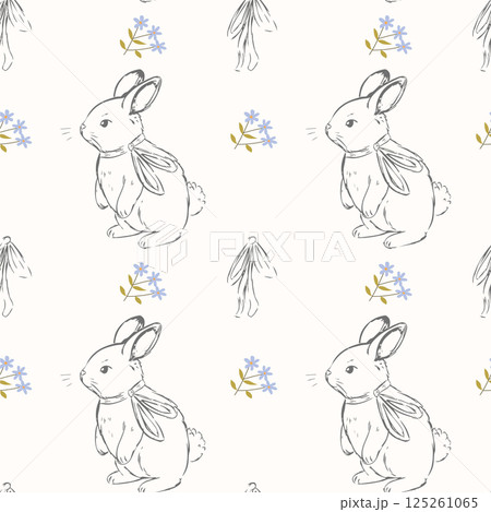 Seamless pattern with hand drawn vintage bunnies and wildflowers in a soft pastel color palette Seamless pattern with hand drawn vintage bunnies and wildflowers in a soft pastel color palette 125261065