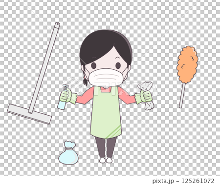 一位戴著口罩打掃衛生的女士的插圖 125261072