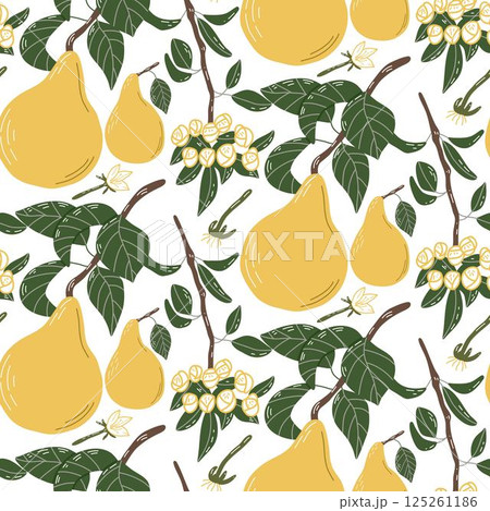 Seamless Pattern with Yellow Pears and Green Leaves on White Background 125261186