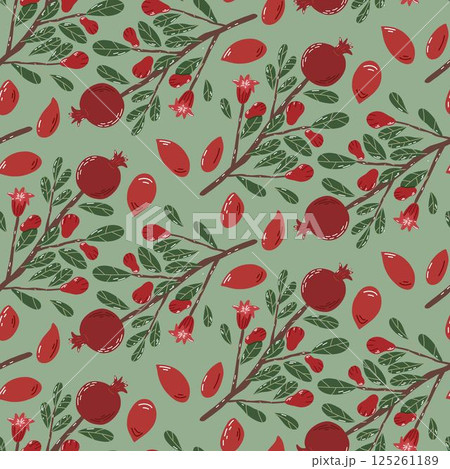 Seamless Pattern of Pomegranate Branches with Fruits and Leaves on Green Background Seamless Pattern of Pomegranate Branches with Fruits and Leaves on Green Background 125261189