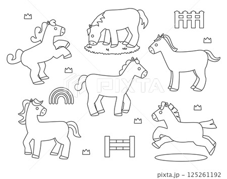 いろいろな動きをする可愛い馬のイラストのセット　線画バージョン 125261192