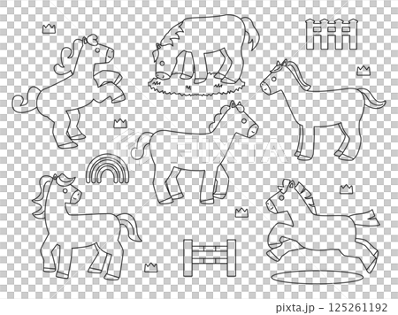一組可愛的馬兒做著各種動作的插圖 - 線條畫版本 一組可愛的馬兒做著各種動作的插圖 - 線條畫版本 125261192