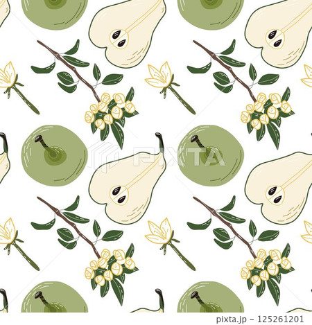 Seamless Pattern Featuring Pears, Blossoms, and Green Branchy Stems 125261201