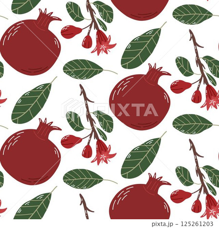 Seamless Pattern of Pomegranates, Flowers, and Leaves on White Background Seamless Pattern of Pomegranates, Flowers, and Leaves on White Background 125261203