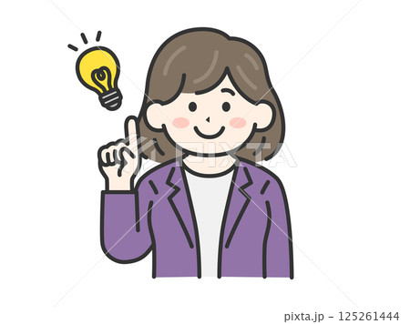 アイデアを出す、ジャケットを着た、女性（線画カラー）のイラスト 125261444