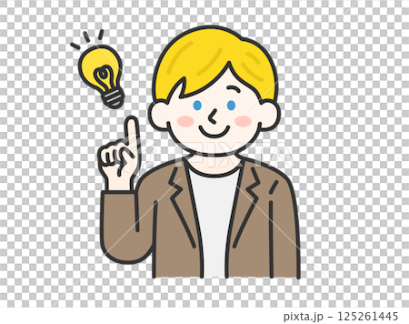 アイデアを出す、ジャケットを着た、白人男性（線画カラー）のイラスト 125261445