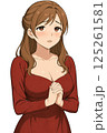 赤いドレス姿で申し訳なさそうに手を合わせている女性 125261581