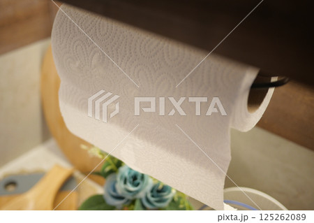 Kitchen counter with paper towel holder and decorations in focus 125262089