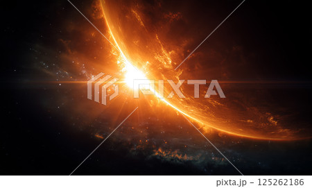 燃える惑星の日の出 - 宇宙の神秘的な光景 125262186