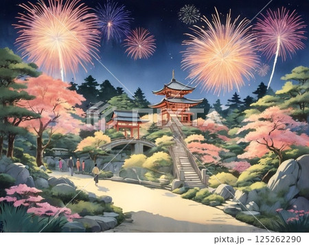花火が上がる日本庭園を歩く人-2 花火が上がる日本庭園を歩く人-2 125262290