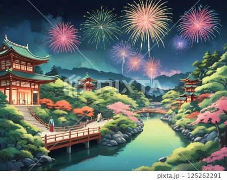 花火が上がる風情がある日本の川沿い-2 花火が上がる風情がある日本の川沿い-2 125262291