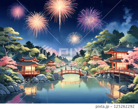 花火が上がる風情がある日本の川沿い-3 花火が上がる風情がある日本の川沿い-3 125262292