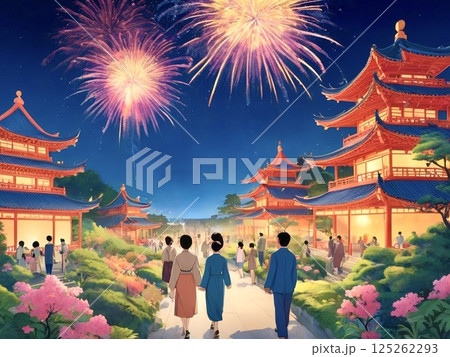 花火が上がる中華庭園を歩く人々 125262293