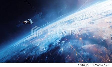 宇宙から見下ろす地球と通信衛星の夜景 125262472