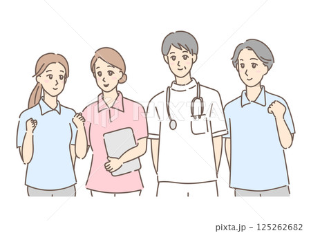優しい色合いで描いた介護士と介護福祉士と医者(医療関係者) 優しい色合いで描いた介護士と介護福祉士と医者(医療関係者) 125262682