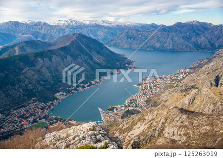 Panoramic view of Kotor Bay Boca and mountains from mountain view point in Montenegro in winter time 125263019