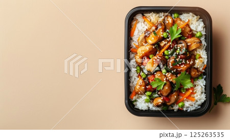 Box lunch rice, oyster sauce, mushroom and sesame copy space flatlay 125263535