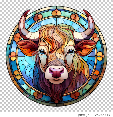Stained glass illustration 4 of a bull with magnificent horns / Material for flyers and posters 125263545