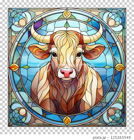 Stained glass illustration 8 of a bull with magnificent horns / Material for flyers and posters 125263549