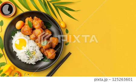 Flat lay chicken karage with rice, sesame and egg on black plate copy space 125263601