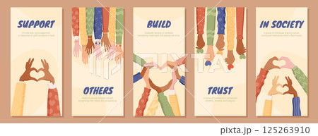 Diverse hand gestures and heart shapes in flat style set. A set of hands forming heart gesture shows people supporting their community with solidarity. Perfect for team and poster concepts. 125263910