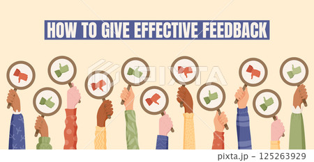 Cartoon feedback and survey concept with diverse hands hold rating signs. Review and customer satisfaction shown through thumbs up or down. Communication opinion concept, modern style, creative 125263929