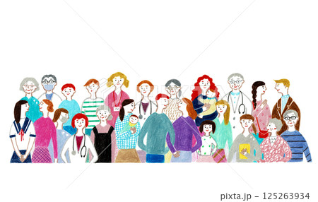 手描きイラスト　笑顔で微笑む医者と看護師と患者 125263934