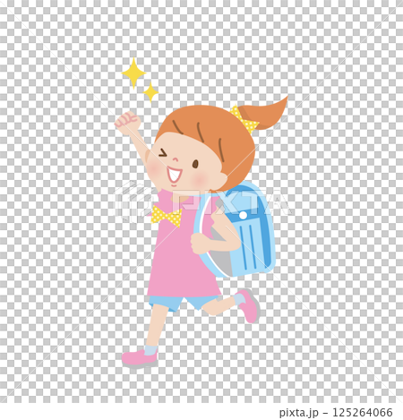 一個女孩背著書包，擺出握拳姿勢 125264066