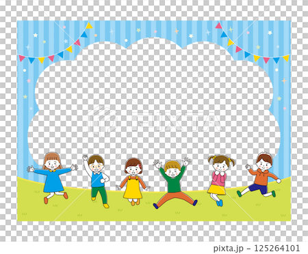 Illustration frame of jumping children, blue border, horizontal 125264101
