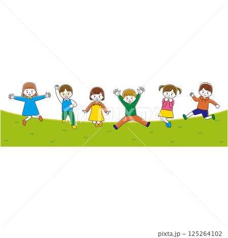 ジャンプする子どもたちのイラストセット 芝生 ジャンプする子どもたちのイラストセット 芝生 125264102