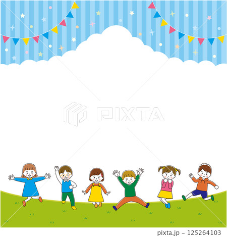 ジャンプする子どもたちのイラストフレーム 青色ボーダー 縦長 ジャンプする子どもたちのイラストフレーム 青色ボーダー 縦長 125264103