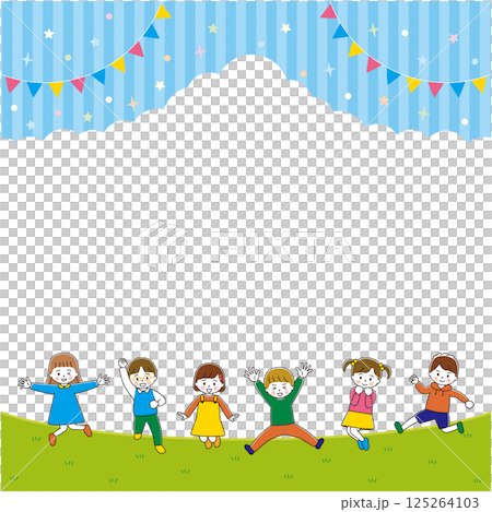 ジャンプする子どもたちのイラストフレーム 青色ボーダー 縦長 ジャンプする子どもたちのイラストフレーム 青色ボーダー 縦長 125264103