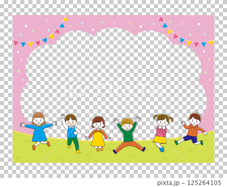 ジャンプする子どもたちのイラストフレーム　ピンク　横長 125264105